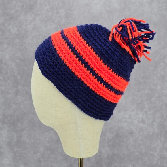 Blue Orange Stripe Pom Pom Crochet Knit Bucket Cap Hat Fun VTG Y2K Funky Beanie - Picture 3 of 4